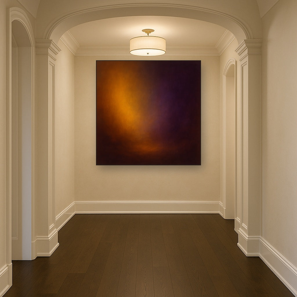 Burnt Amber & Velvet Amethyst Atmosphere No. 4 Oil Painting Staged in Bright Entryway and Hallway Gallery Wall, Hand Painted Fine Art on Linen