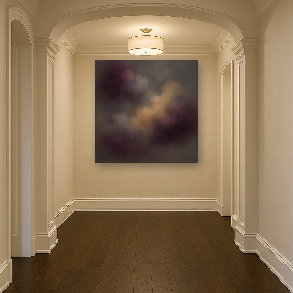 Gilded Plum & Soft Smoke Cloud Harmony Oil Painting Staged in Bright Entryway and Hallway Gallery Wall, Hand Painted Fine Art on Linen