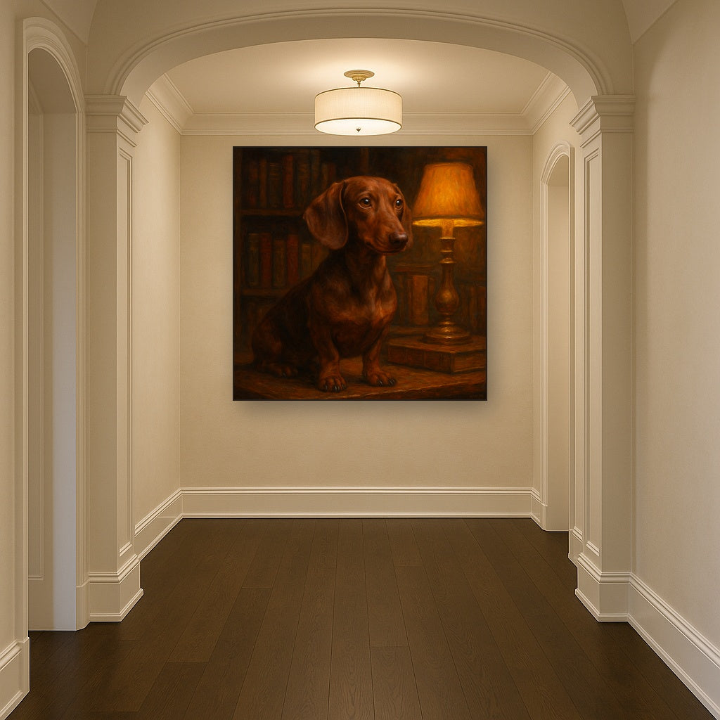 Smooth Dachshund in Moody Library Study No. 15 Fine Art Oil Painting - View 5