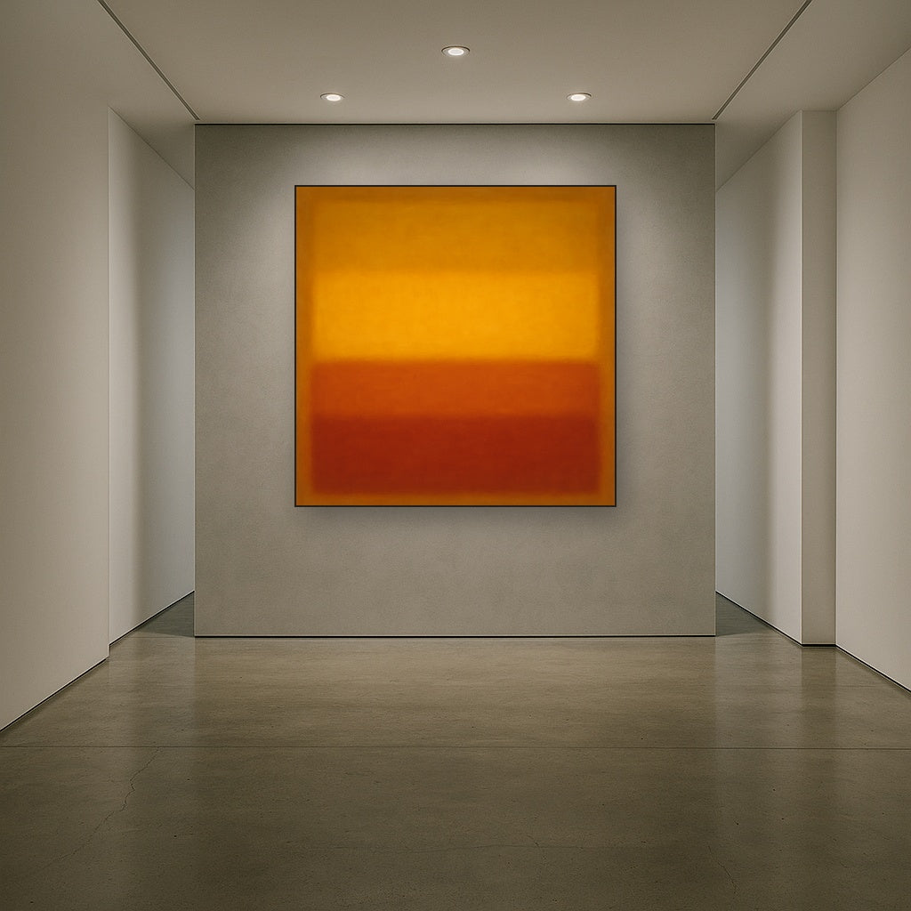 Luminous Ochre & Terracotta Horizon Color Field No. 14 Oil Painting Staged in Bright Entryway and Hallway Gallery Wall, Hand Painted Fine Art on Linen