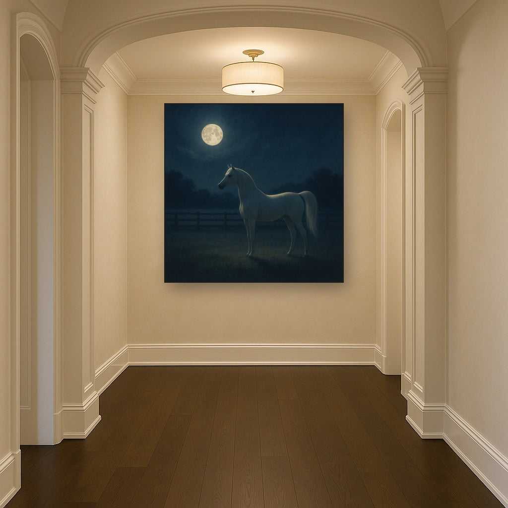 Moonlit Paddock with White Arabian Silhouette No. 11 Oil Painting - View 5