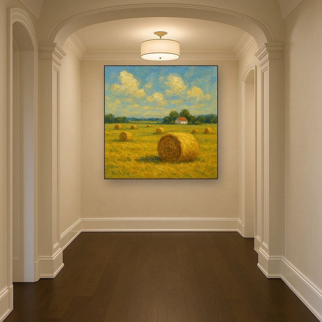 Rolling Meadow Hay Bales Horizon Oil Painting - Styled in Entryway Hallway