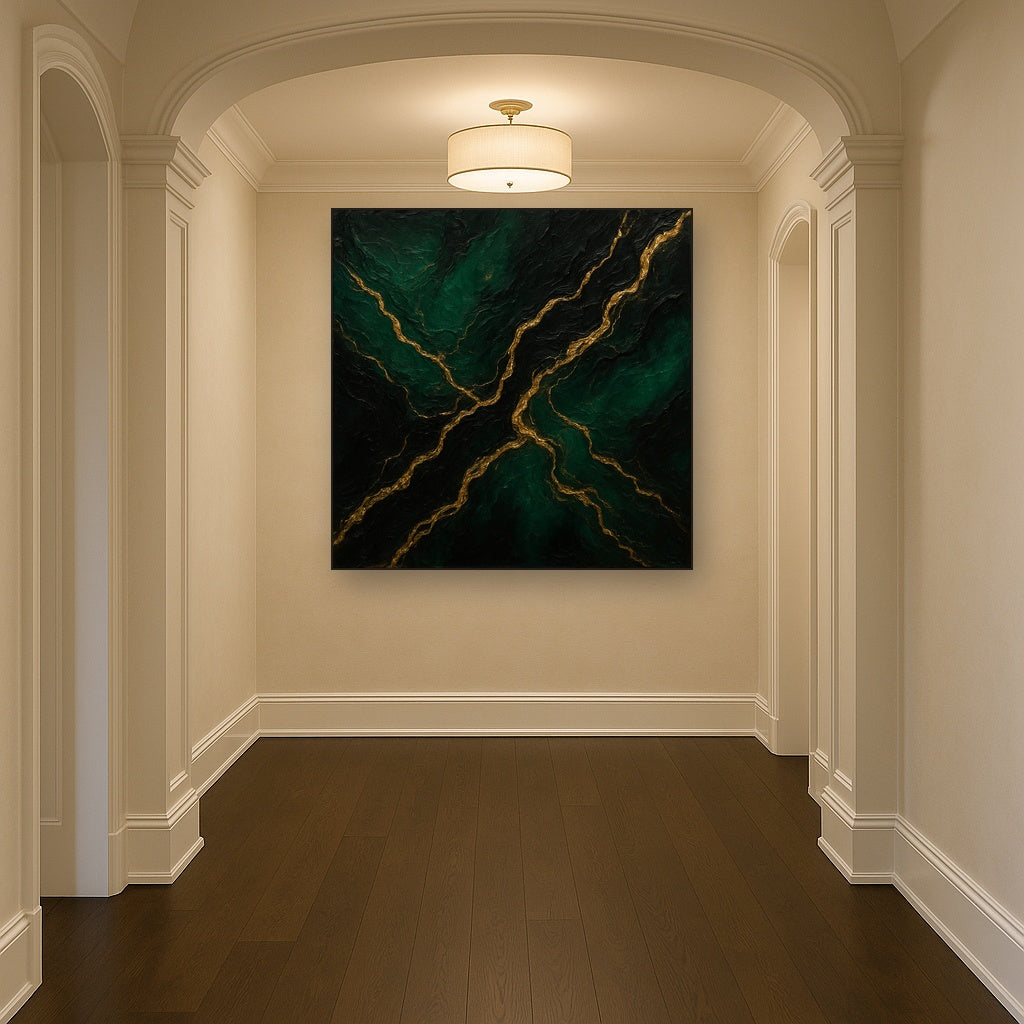 Liquid Gold Veins on Deep Emerald Oil Painting - View 5