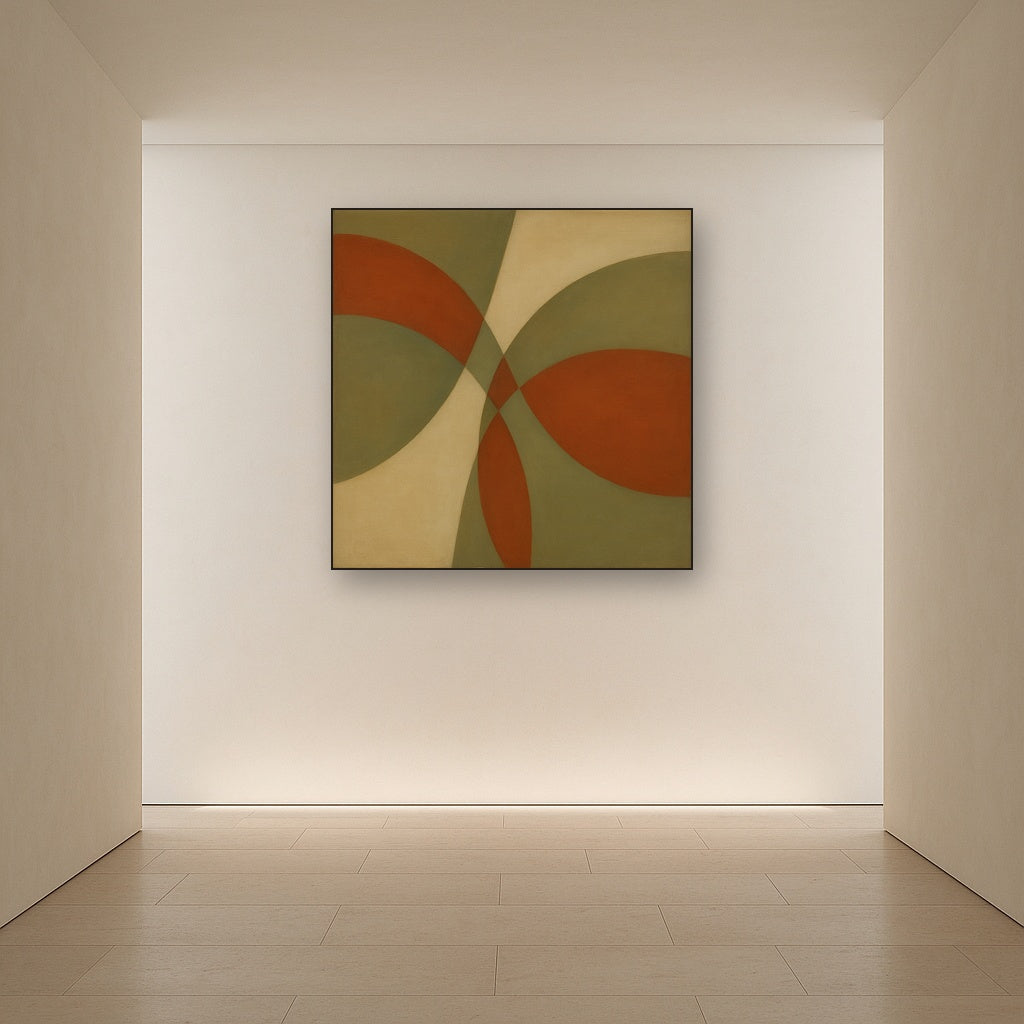Intersecting Curved Forms in Olive & Rust No. 8 Oil Painting Staged in Bright Entryway and Hallway Gallery Wall, Hand Painted Fine Art on Linen