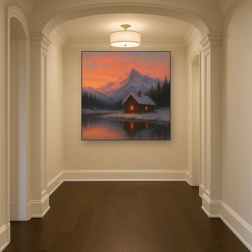 Winter Solstice Mountain Cabin Reflection No. 4 Oil Painting - View 5