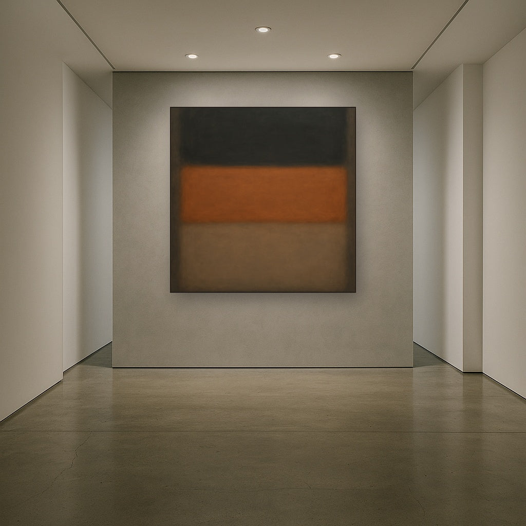Charcoal Slate & Burnished Copper Horizon No. 14 Oil Painting Staged in Bright Entryway and Hallway Gallery Wall, Hand Painted Fine Art on Linen