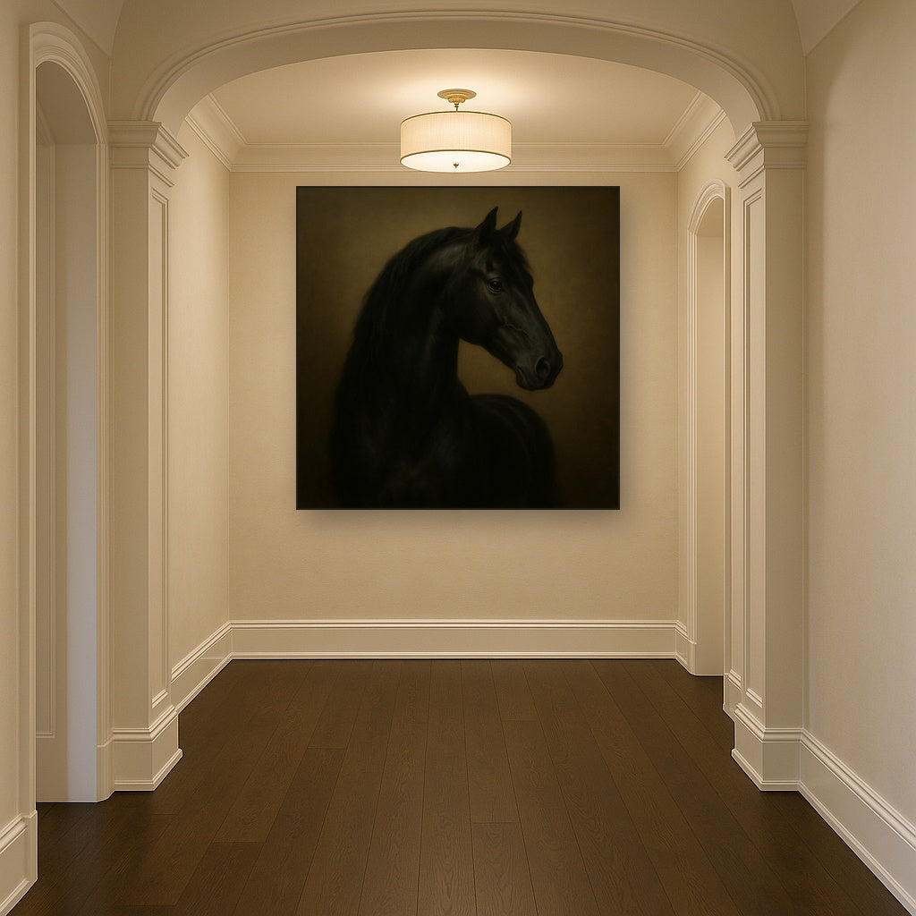 Dark Stallion Portrait in Classical Sfumato No. 18 Oil Painting Staged in Bright Entryway and Hallway Gallery Wall, Hand Painted Fine Art on Linen