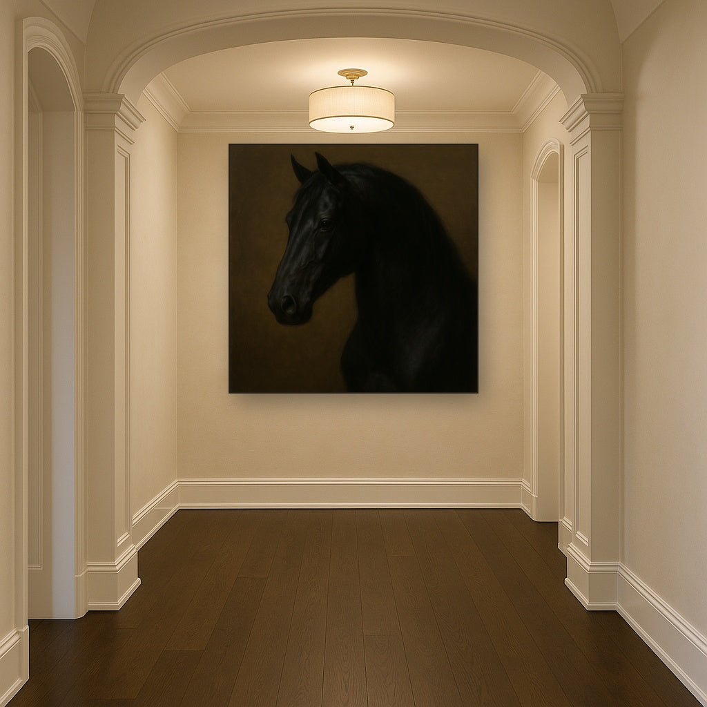 Dark Stallion Portrait in Classical Sfumato No. 19 Oil Painting Staged in Bright Entryway and Hallway Gallery Wall, Hand Painted Fine Art on Linen