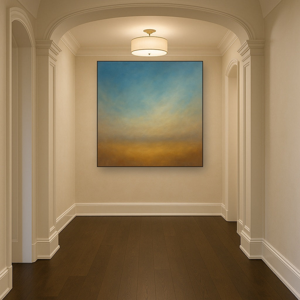 Celestial Azure & Warm Ochre Equilibrium No. 5 Oil Painting Staged in Bright Entryway and Hallway Gallery Wall, Hand Painted Fine Art on Linen