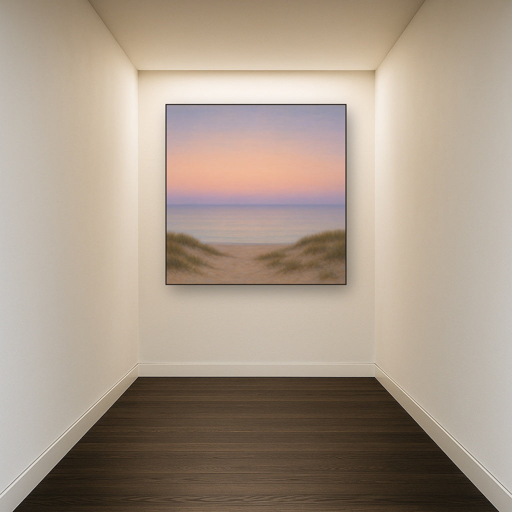 Pastel Dusk Horizon over Calm Atlantic Waters No. 11 Oil Painting Staged in Bright Entryway and Hallway Gallery Wall, Hand Painted Fine Art on Linen