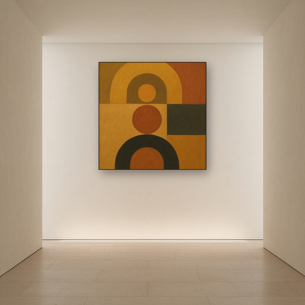 Arch & Circle Equilibrium in Warm Earth Tones No. 18 Oil Painting Staged in Bright Entryway and Hallway Gallery Wall, Hand Painted Fine Art on Linen