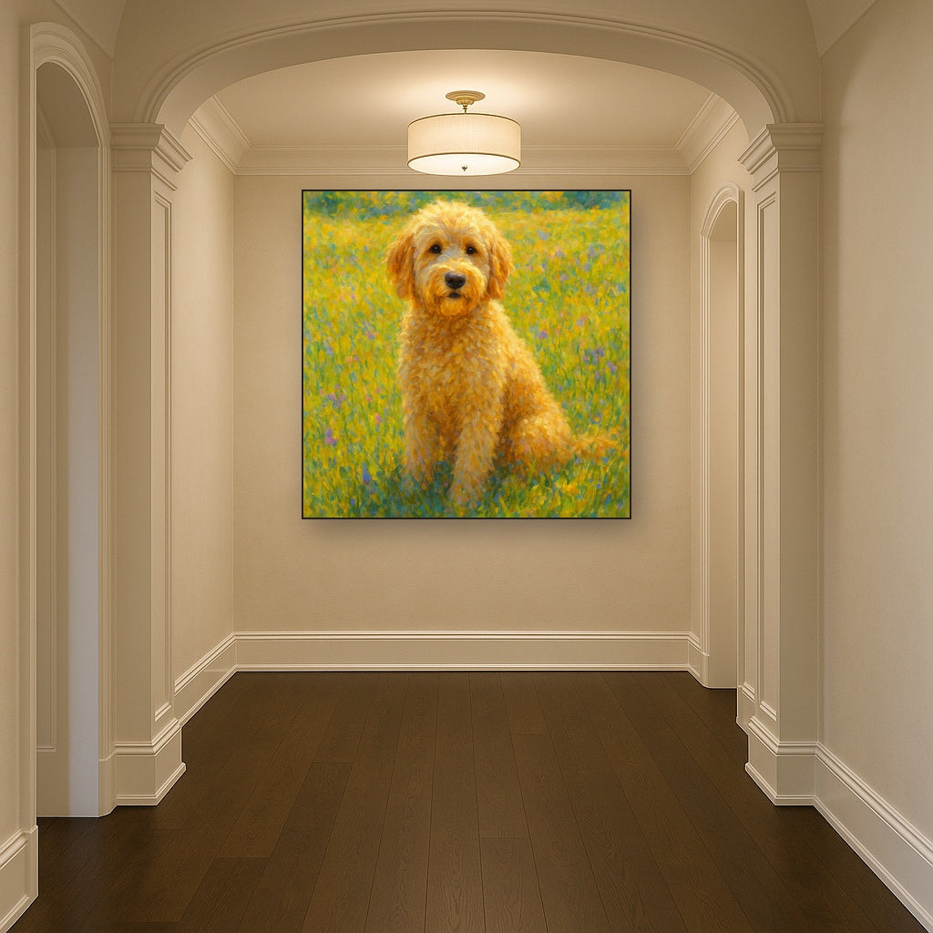 Fluffy Goldendoodle in Sun-Drenched Meadow No. 3 Fine Art Oil Painting - View 5