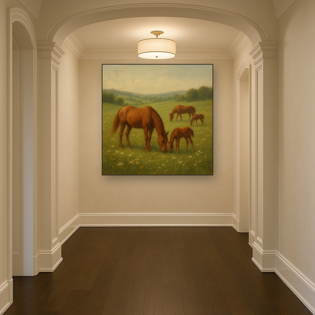 Mares & Foals Grazing in Rolling Meadow No. 3 Oil Painting - View 5