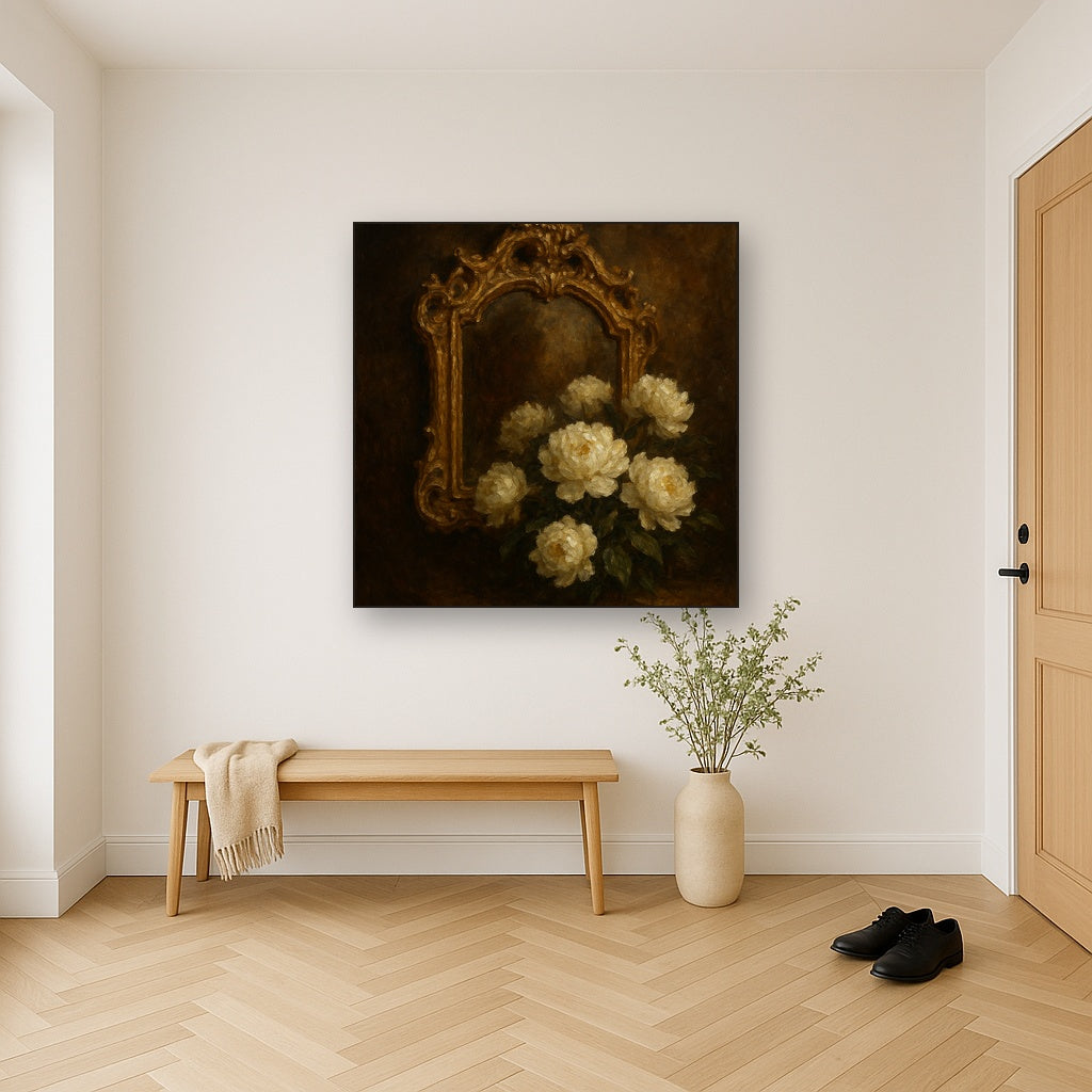 Baroque Gilded Mirror & Peonies No. 3 Oil Painting - Styled in Entryway Hallway