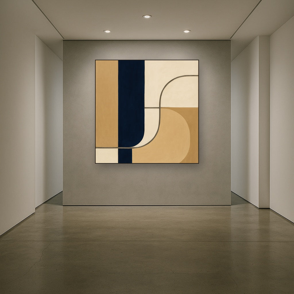 Navy & Warm Beige Geometric Line Balance No. 15 Fine Art Oil Painting - View 5