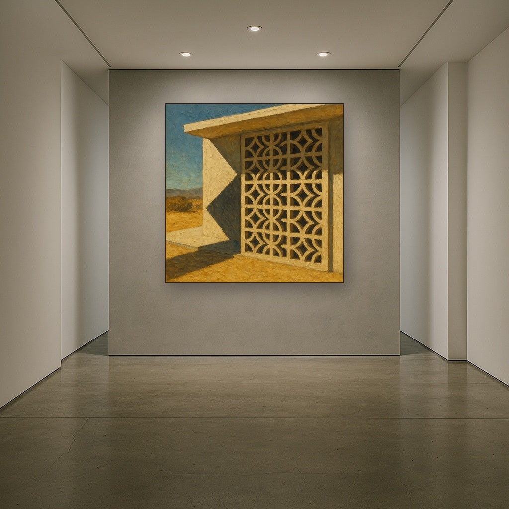 Desert Modern Breeze Block Shadow Oil Painting - Styled in Entryway Hallway
