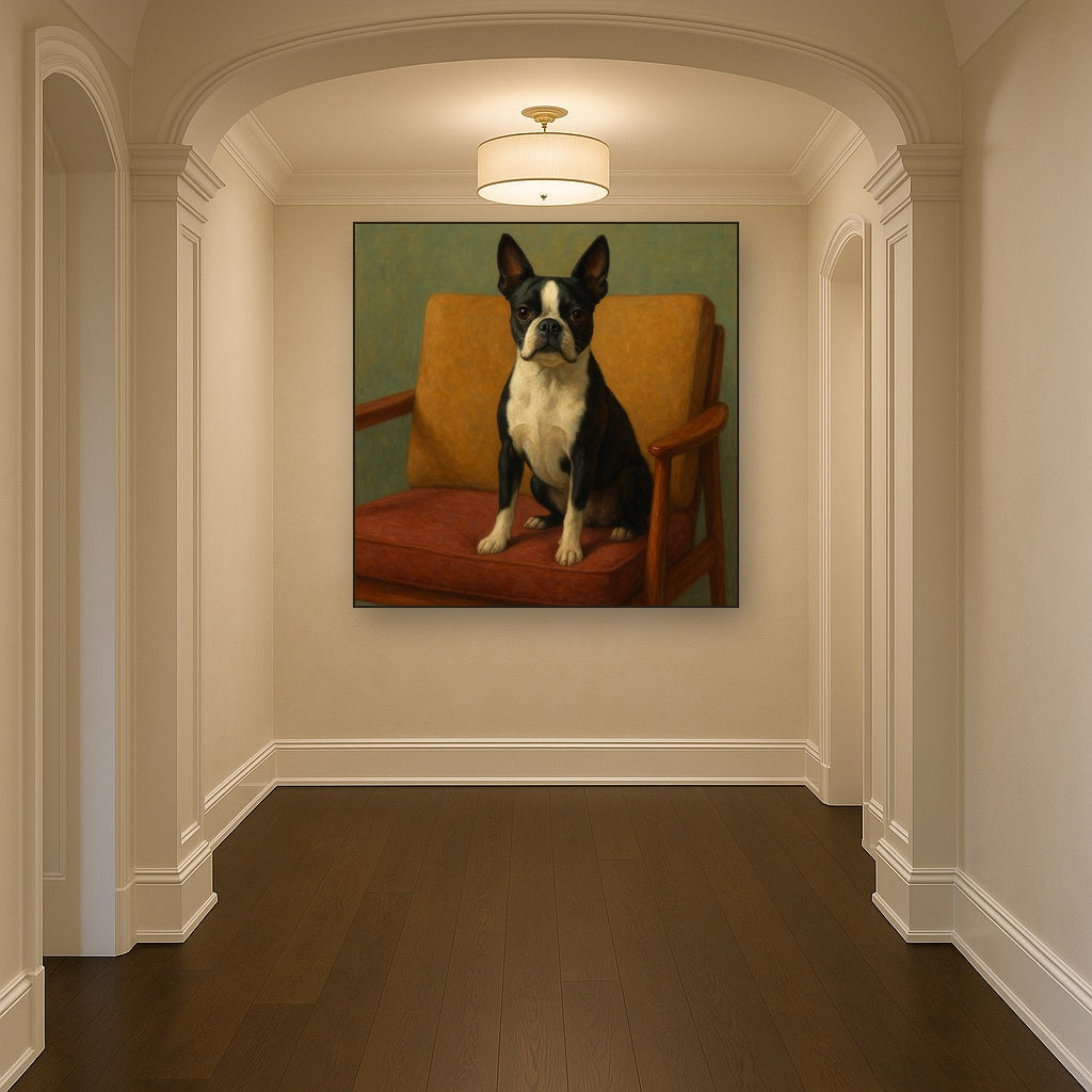 Boston Terrier in Warm Mid-Century Armchair No. 9 Fine Art Oil Painting - View 5