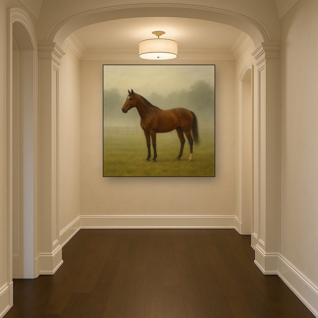 Thoroughbred in Morning Pasture Mist No. 17 Oil Painting - View 5