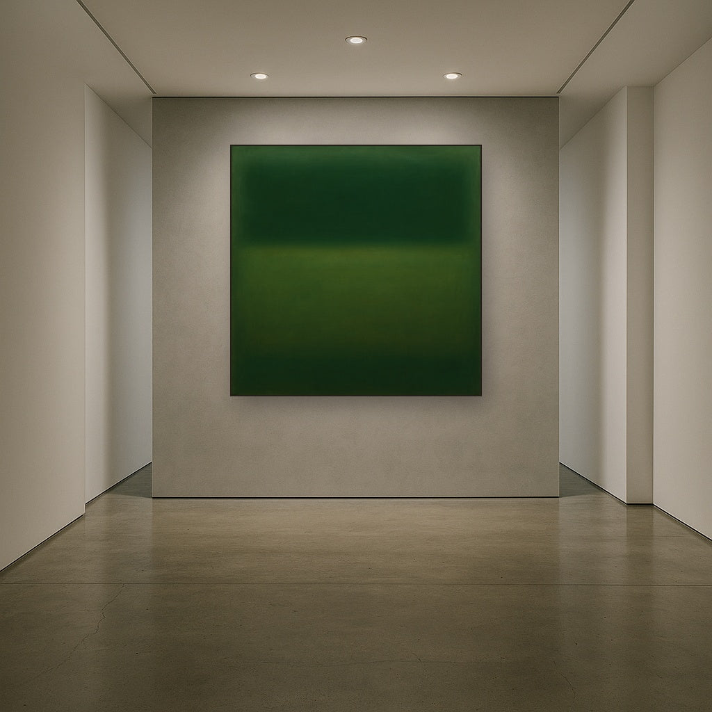 Forest Emerald & Deep Moss Contemplative Field No. 21 Oil Painting Staged in Bright Entryway and Hallway Gallery Wall, Hand Painted Fine Art on Linen