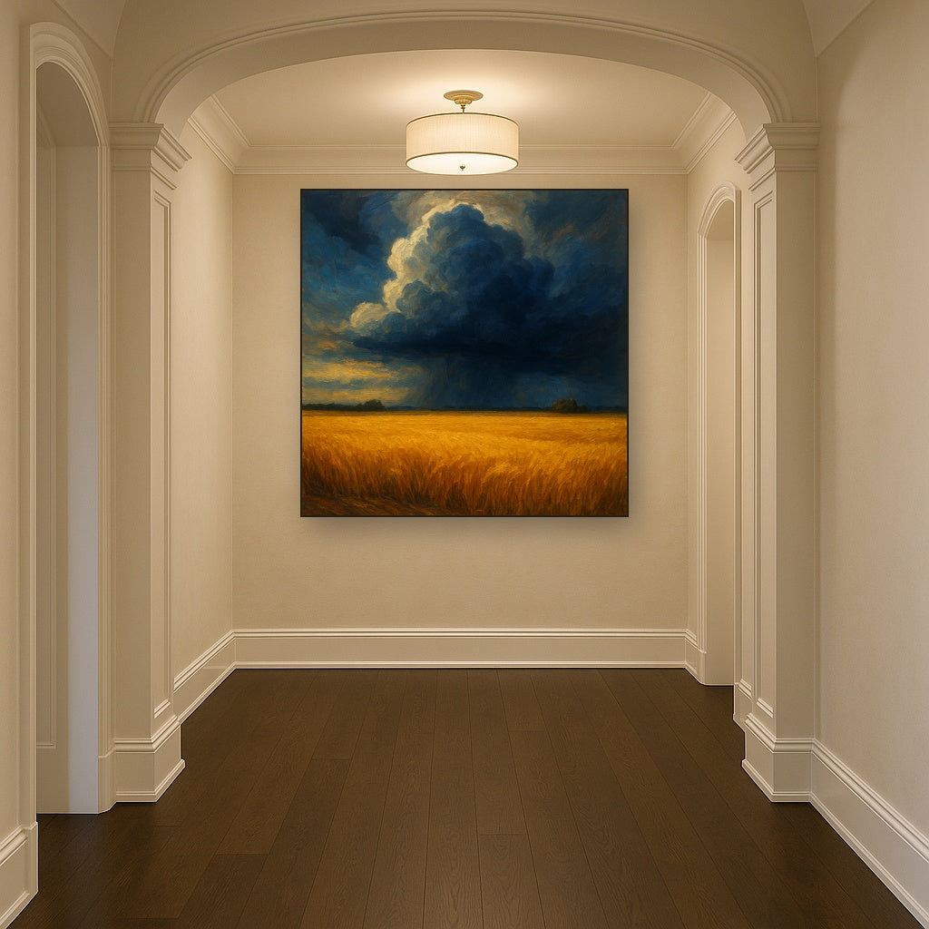 Harvest Wheatfield under Dramatic Thunderhead Sky Fine Art Oil Painting - View 5