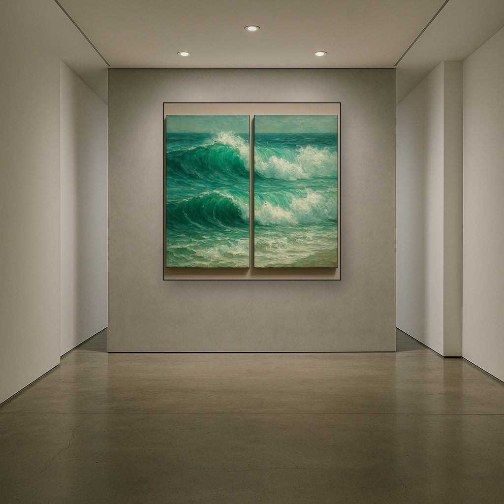 Emerald Swell Split-Panel Seascape Oil Painting - Styled in Entryway Hallway