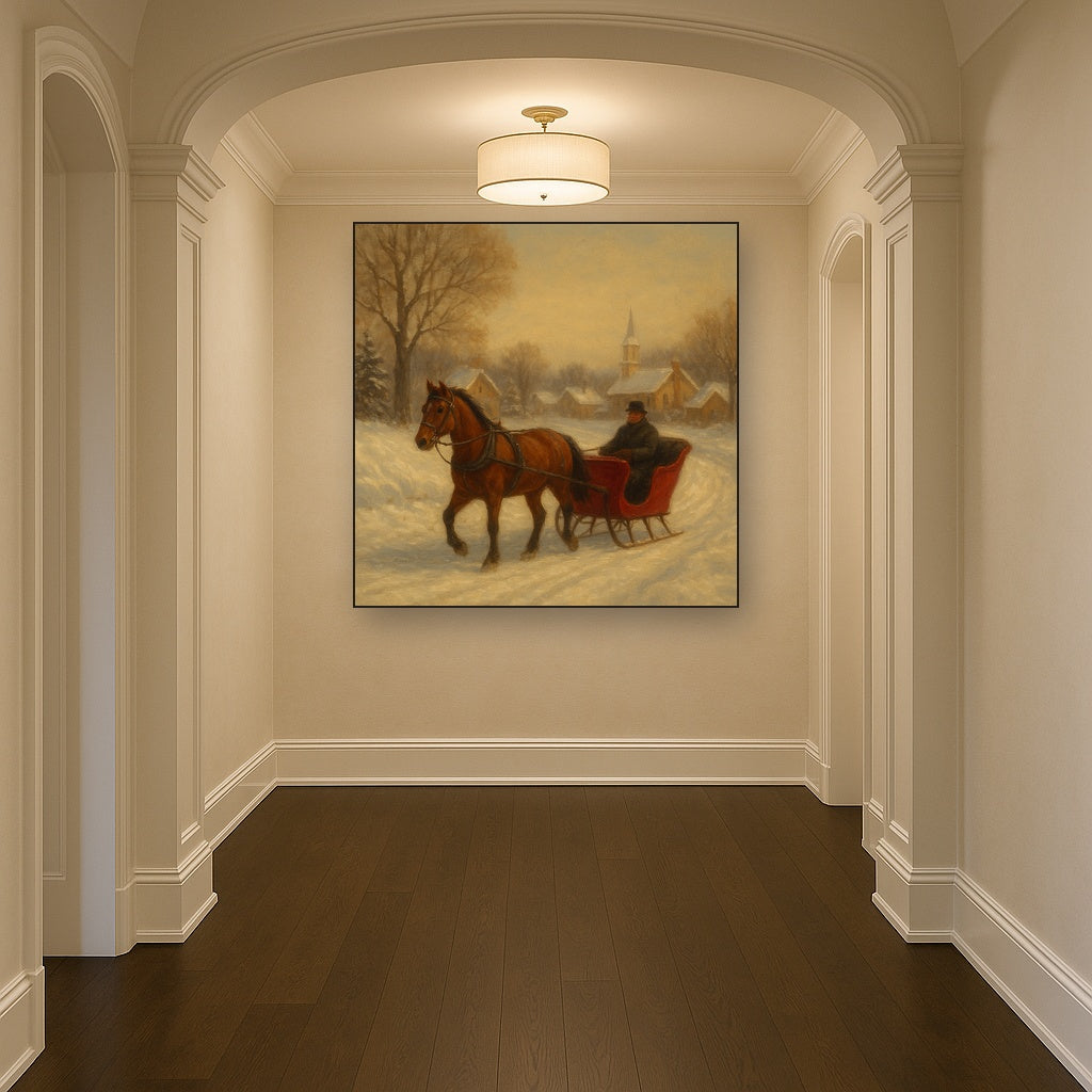 Horse-Drawn Sleigh on Village Snow Road No. 9 Oil Painting - View 5