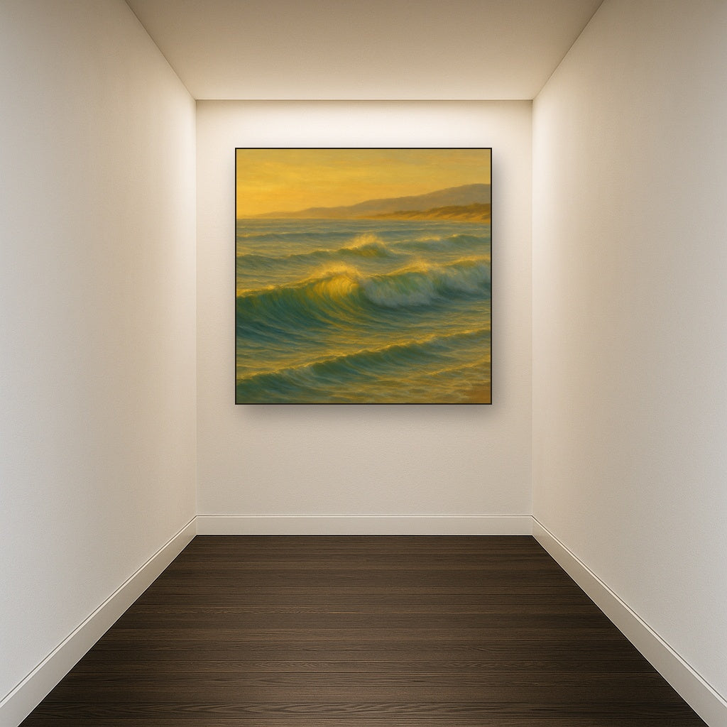 Golden Hour Sunlight on Ocean Swells No. 8 Oil Painting Staged in Bright Entryway and Hallway Gallery Wall, Hand Painted Fine Art on Linen