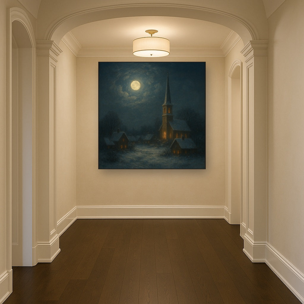 Moonlight Over Snowy Village Steeple Oil Painting - View 5
