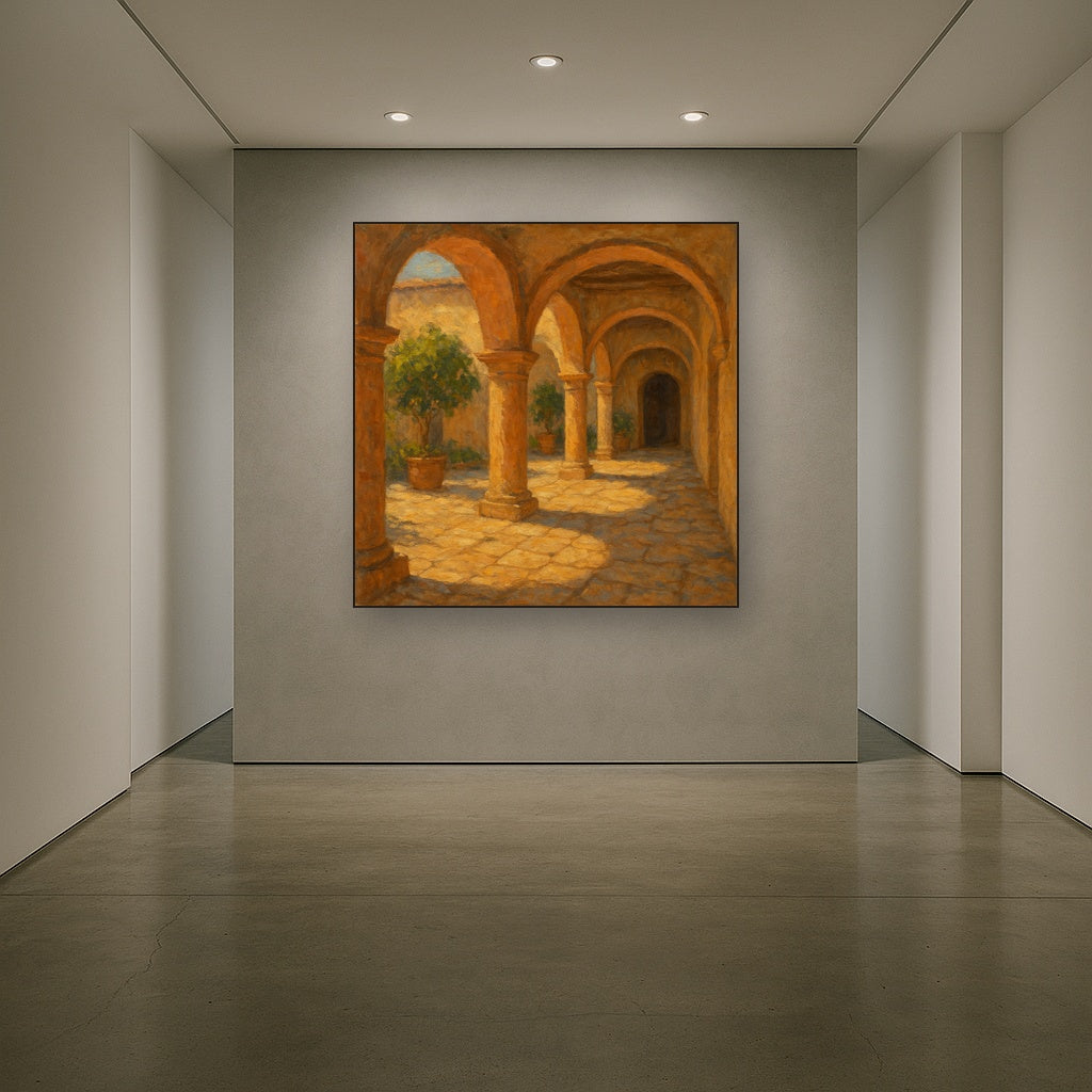 Mediterranean Courtyard Arcade Architectural Oil Painting - Styled in Entryway Hallway