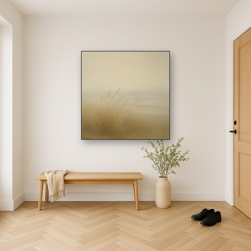Silent Dune Grass in November Sea Fog No. 11 Oil Painting Staged in Bright Entryway and Hallway Gallery Wall, Hand Painted Fine Art on Linen