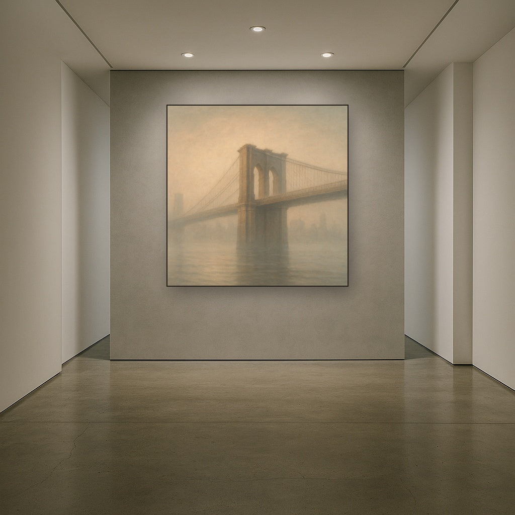 Brooklyn Bridge in Morning River Mist No. 14 Oil Painting Staged in Bright Entryway and Hallway Gallery Wall, Hand Painted Fine Art on Linen
