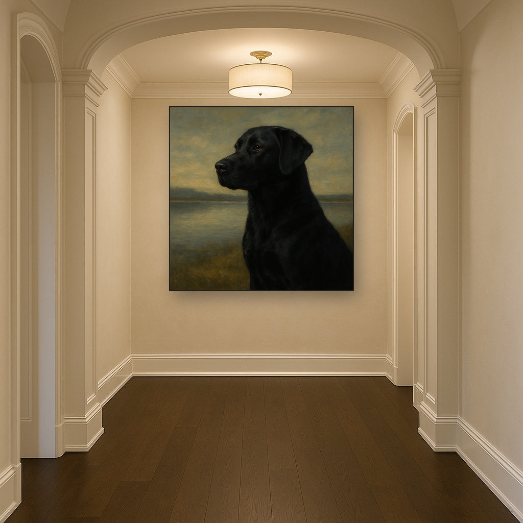 Black Labrador Retriever by Misty Lake Horizon No. 9 Fine Art Oil Painting - View 5
