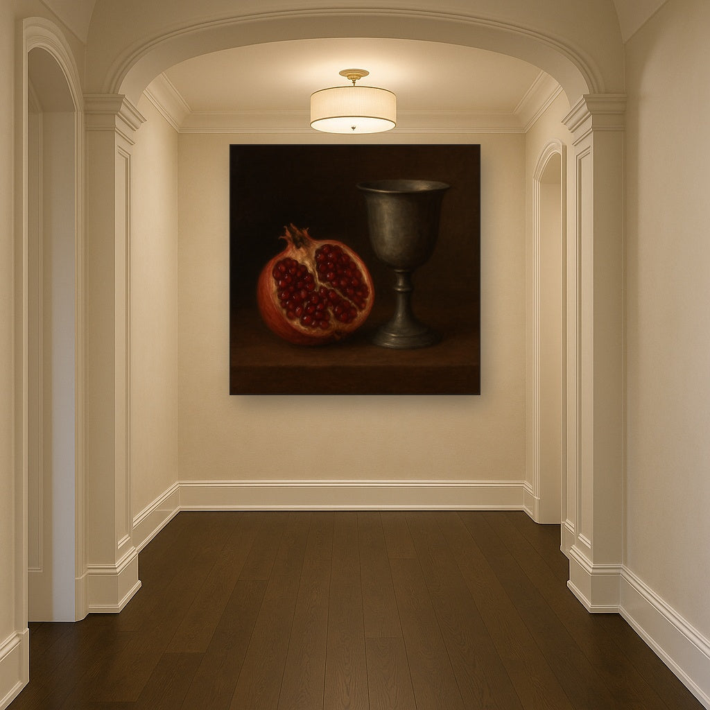 Pomegranate & Vintage Pewter Goblet Oil Painting - View 5
