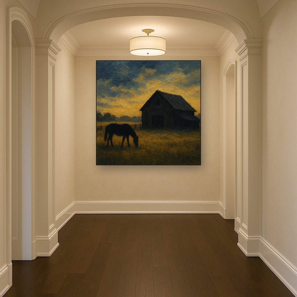 Rustic Equestrian Stable Silhouette No. 2 Oil Painting - Styled in Entryway Hallway