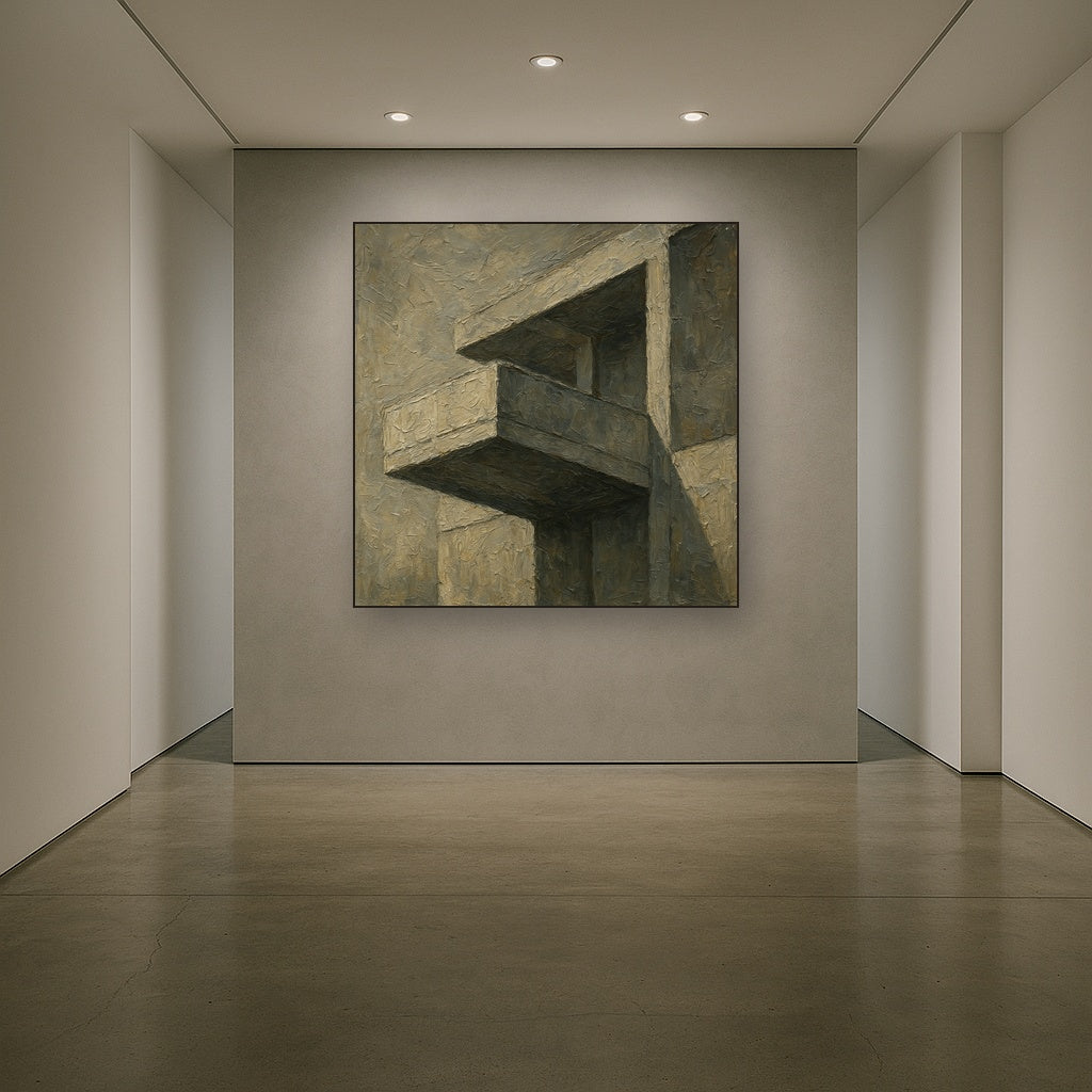 Brutalist Cantilevered Balcony Study No. 6 Oil Painting - Styled in Entryway Hallway