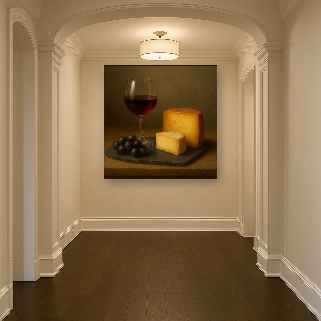 Burgundy Wine Glass & Aged Cheese Board No. 3 Oil Painting - View 5
