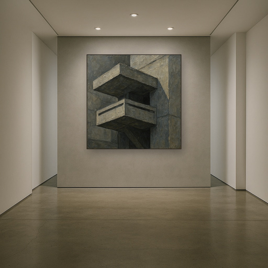 Brutalist Cantilevered Balcony Study No. 3 Oil Painting - Styled in Entryway Hallway