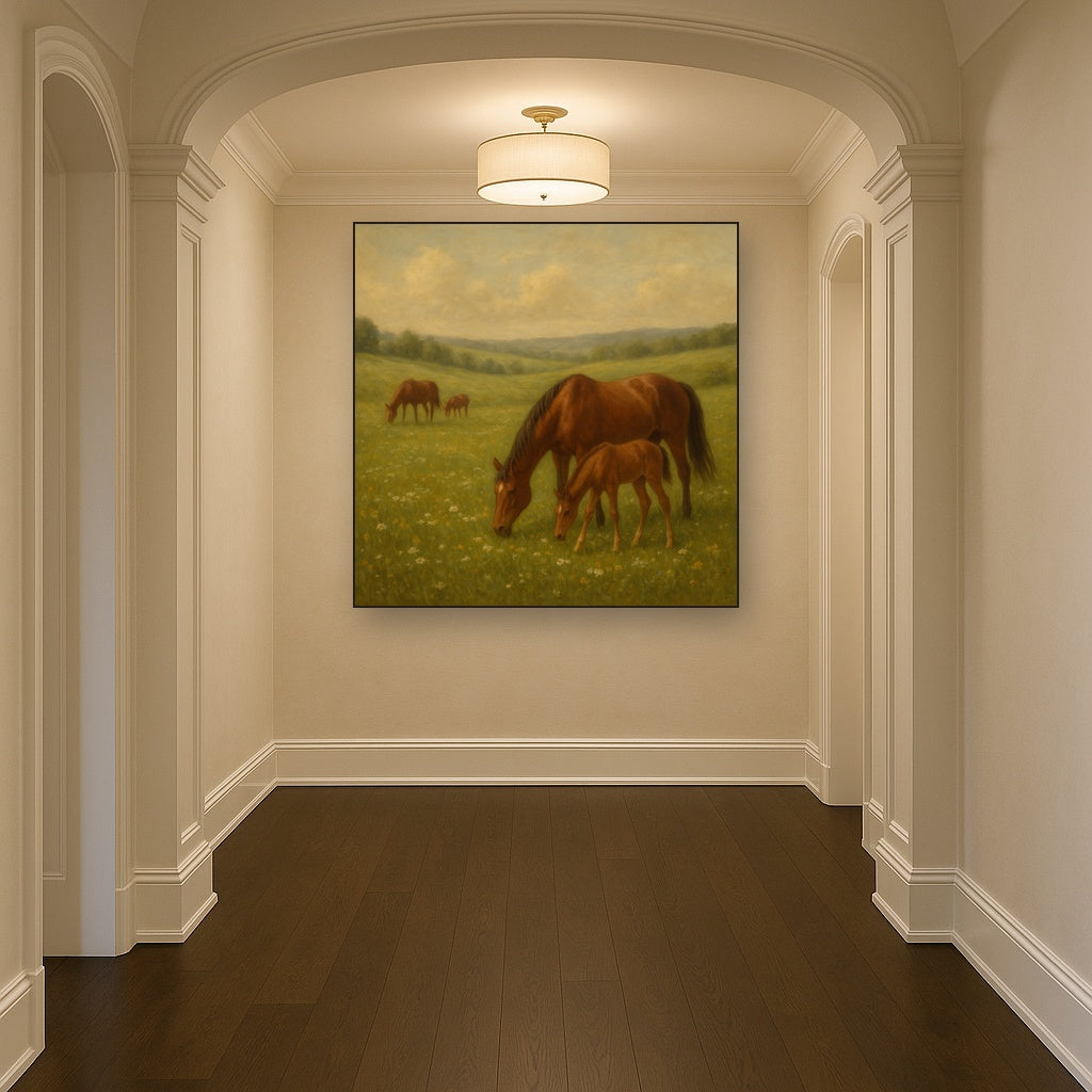 Mares & Foals Grazing in Rolling Meadow No. 15 Oil Painting - View 5