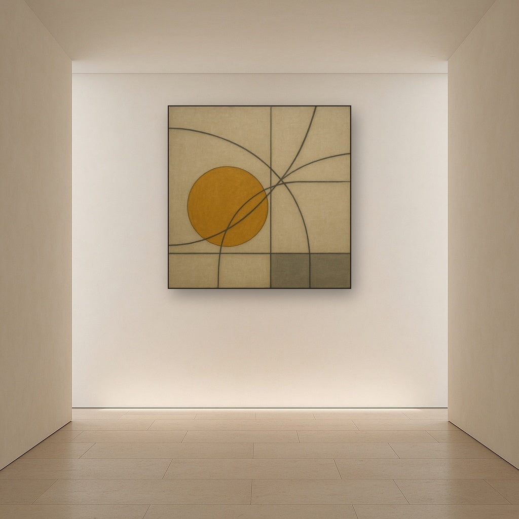Abstract Tangent Lines & Earthy Ochre Disc No. 4 Oil Painting - View 5