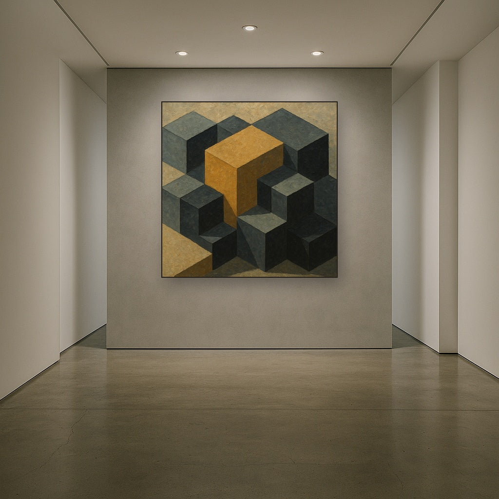 Isometric Modernist Cube Abstraction No. 2 Oil Painting - Styled in Entryway Hallway