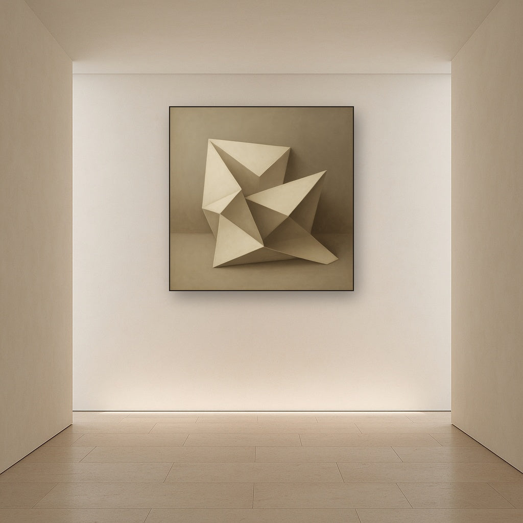 Folded Paper Geometry in Neutral Gradient Shadows No. 23 Oil Painting Staged in Bright Entryway and Hallway Gallery Wall, Hand Painted Fine Art on Linen