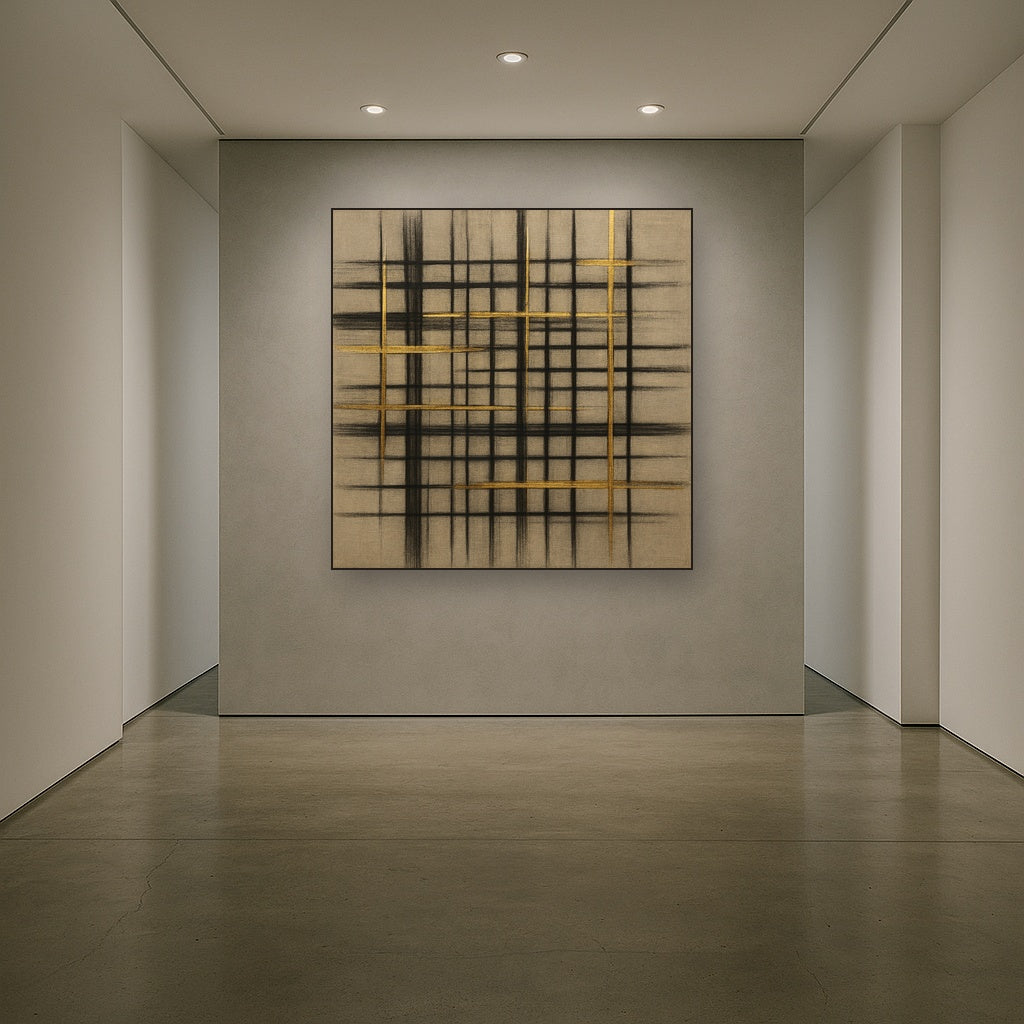 Abstract Woven Line Matrix in Charcoal & Gold No. 5 Fine Art Oil Painting - View 5