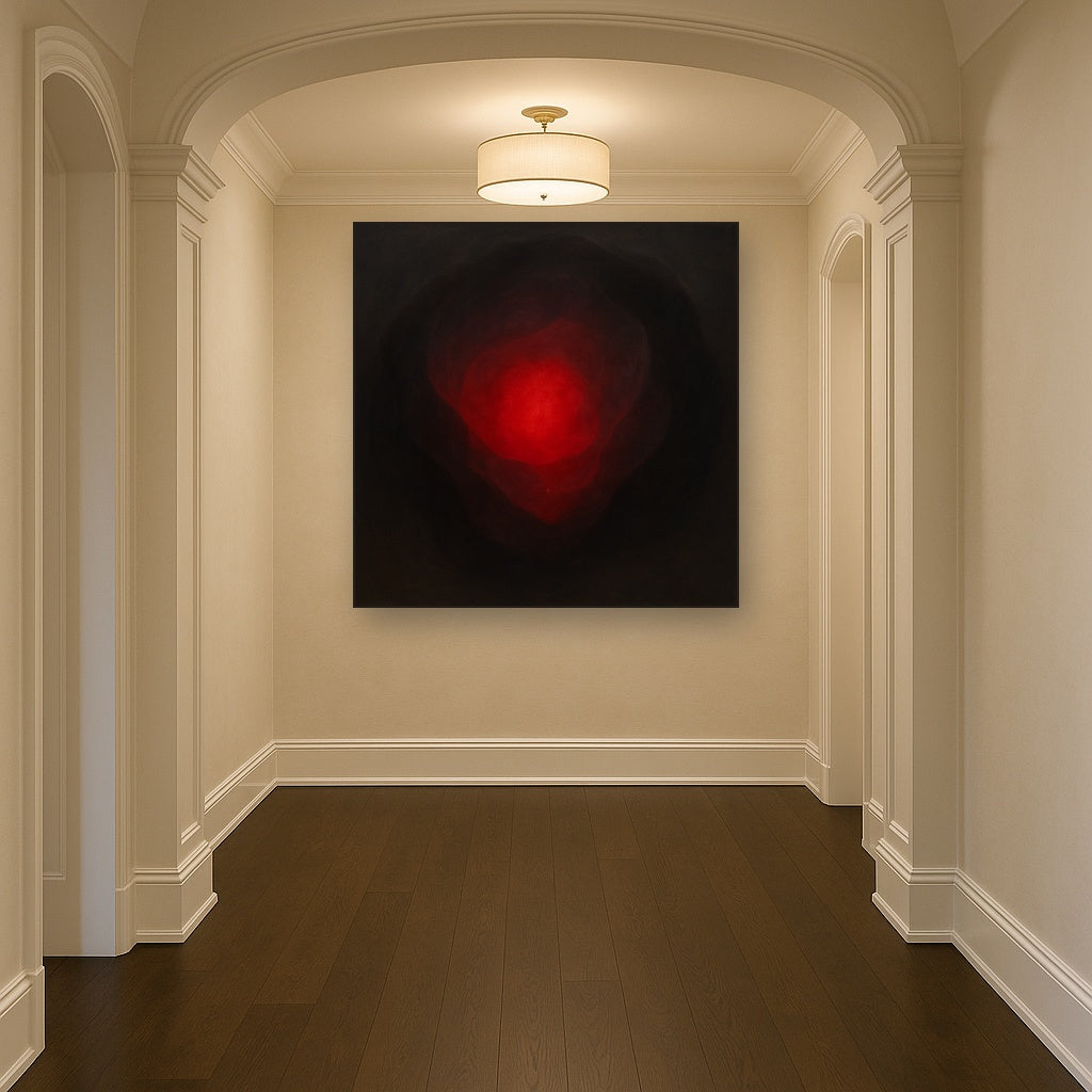 Smoky Ruby & Warm Obsidian Veils No. 9 Oil Painting Staged in Bright Entryway and Hallway Gallery Wall, Hand Painted Fine Art on Linen