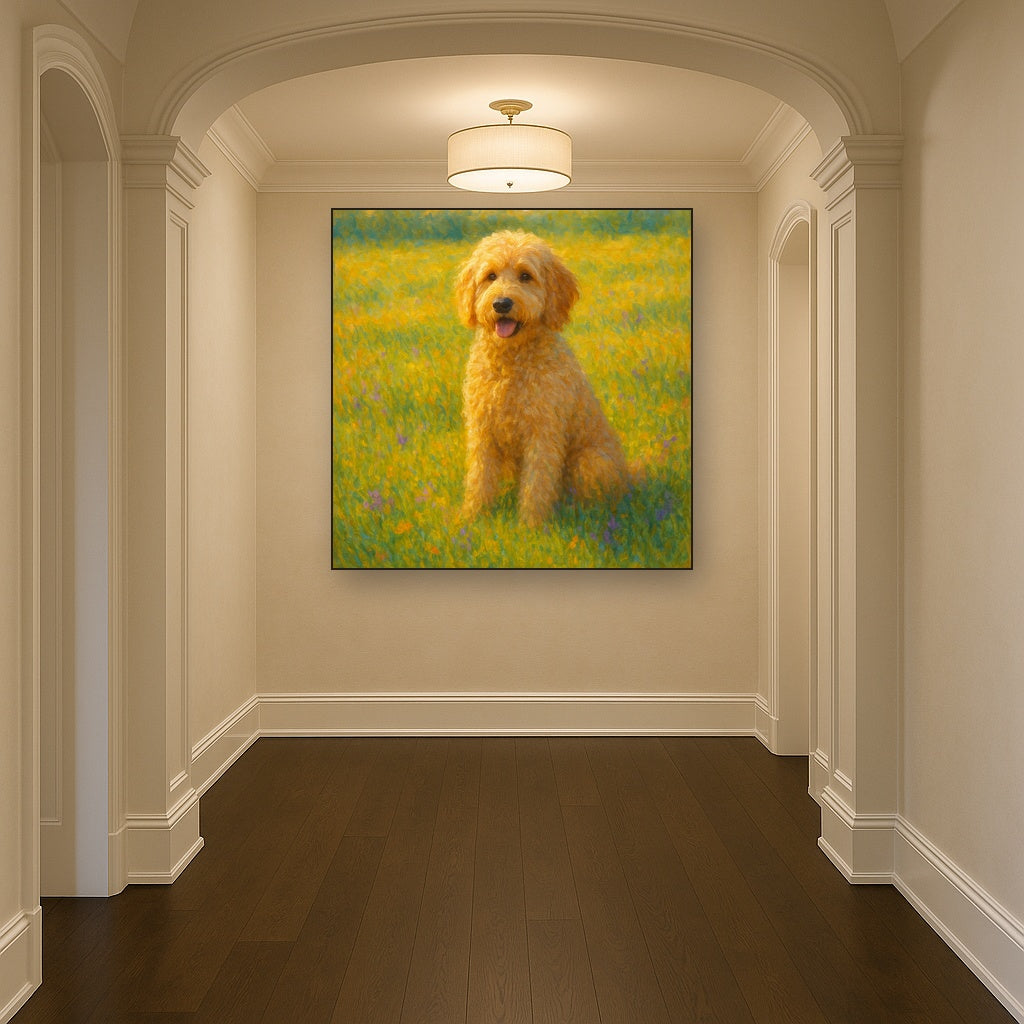 Fluffy Goldendoodle in Sun-Drenched Meadow No. 13 Fine Art Oil Painting - View 5