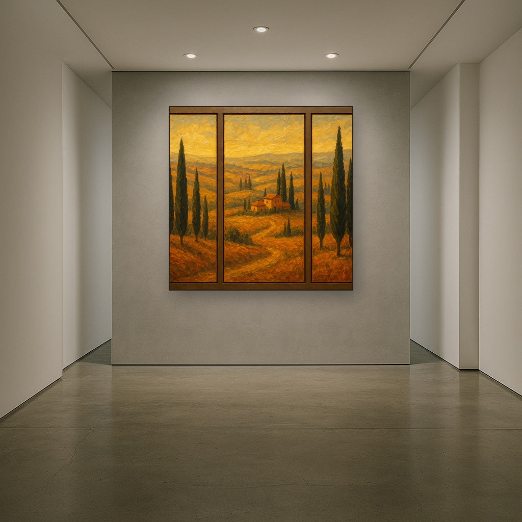 Tuscan Cypress Panorama Triptych No. 2 Oil Painting - Styled in Entryway Hallway