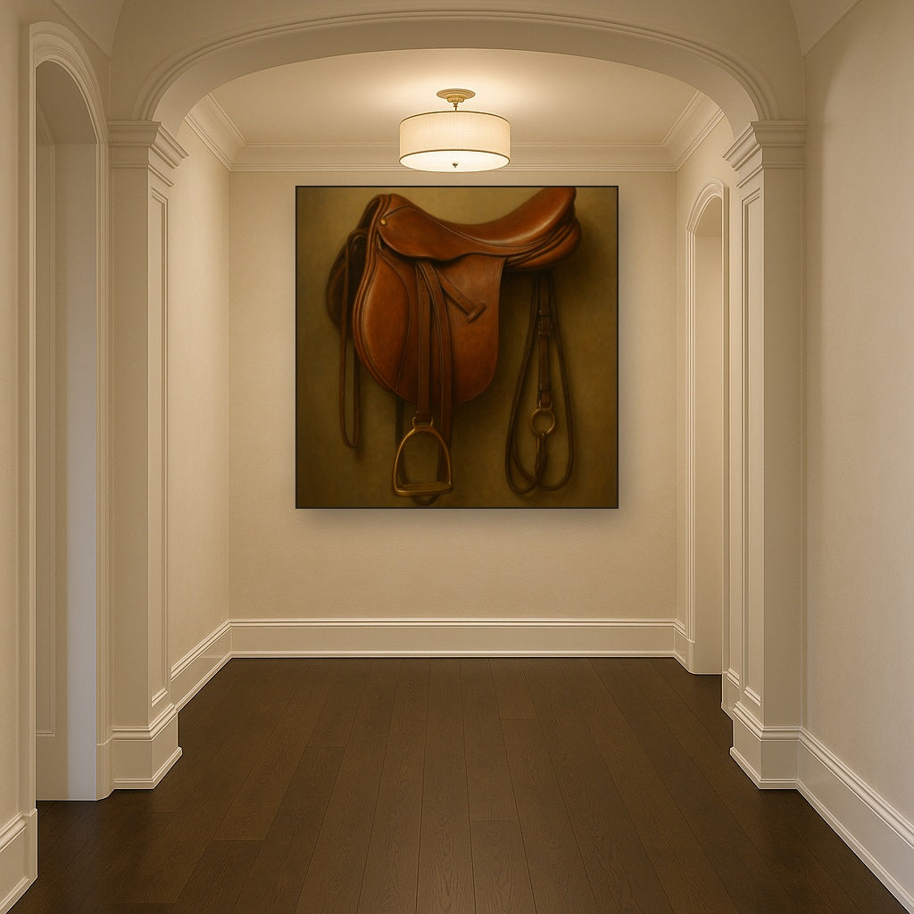 Vintage Bridle & Polished Leather Saddle No. 20 Oil Painting Staged in Bright Entryway and Hallway Gallery Wall, Hand Painted Fine Art on Linen
