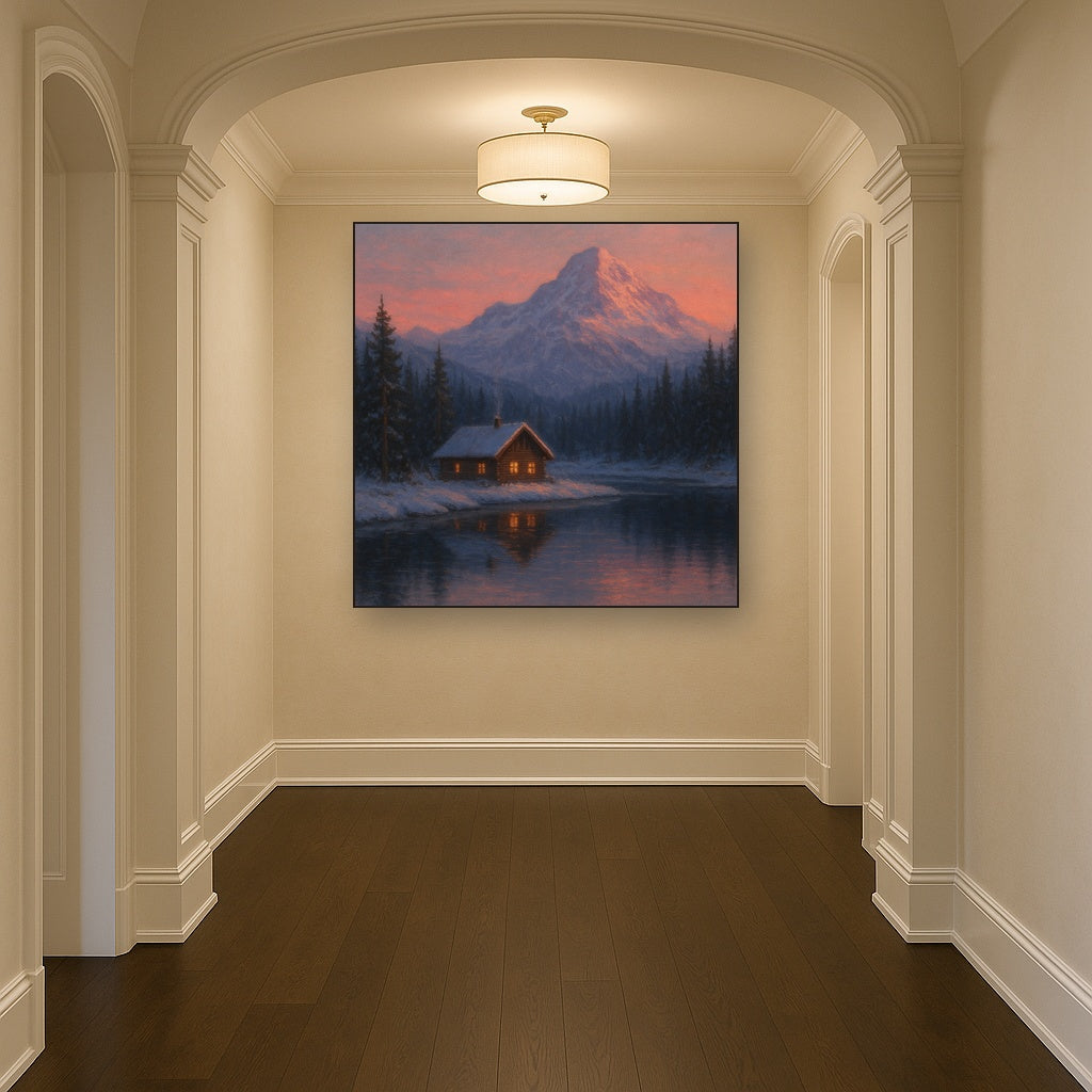 Winter Solstice Mountain Cabin Reflection No. 6 Oil Painting - View 5
