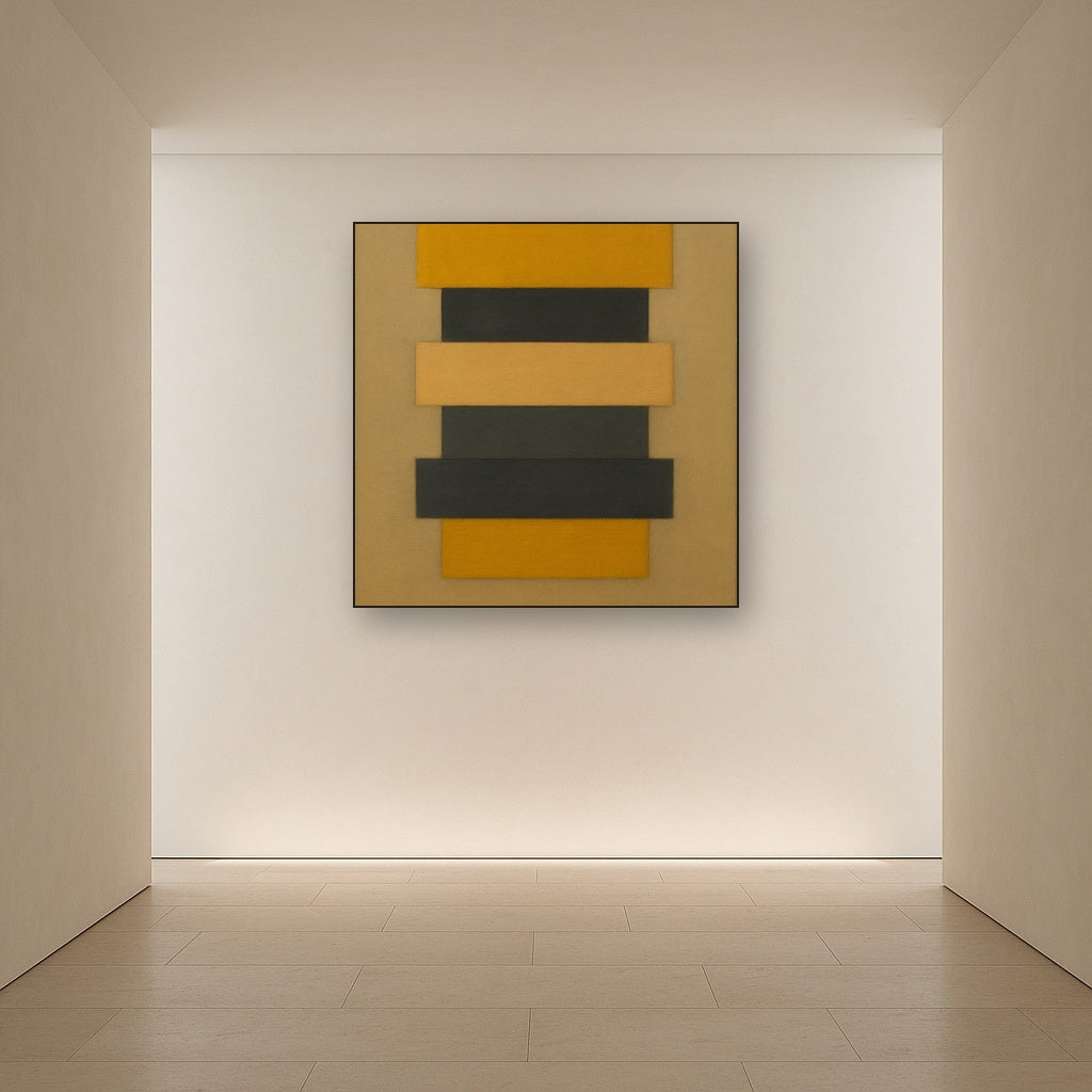 Stacked Horizon Blocks in Mustard & Charcoal No. 25 Oil Painting Staged in Bright Entryway and Hallway Gallery Wall, Hand Painted Fine Art on Linen