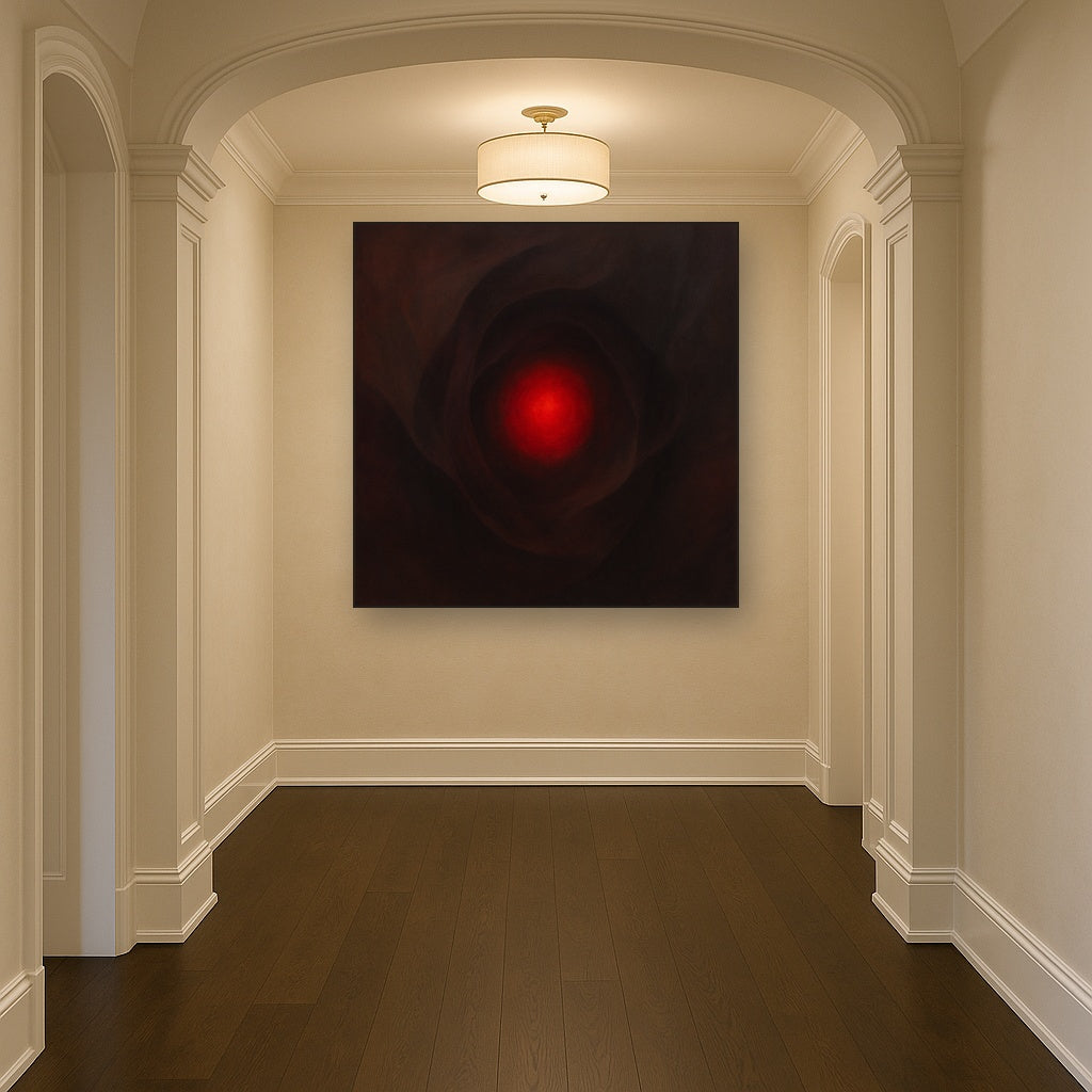 Smoky Ruby & Warm Obsidian Veils No. 18 Oil Painting Staged in Bright Entryway and Hallway Gallery Wall, Hand Painted Fine Art on Linen