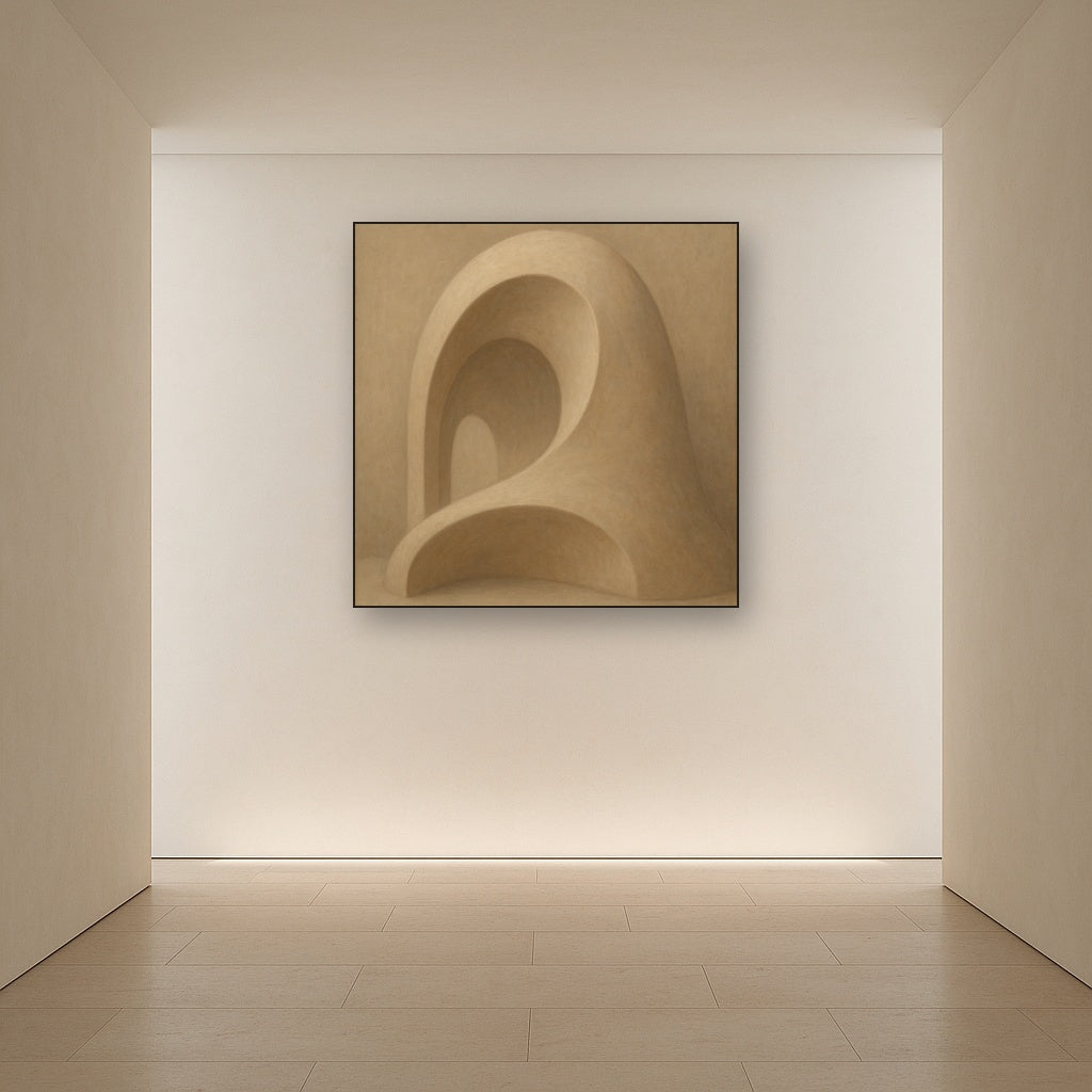 Soft Architectural Curve in Desert Bone No. 24 Oil Painting Staged in Bright Entryway and Hallway Gallery Wall, Hand Painted Fine Art on Linen